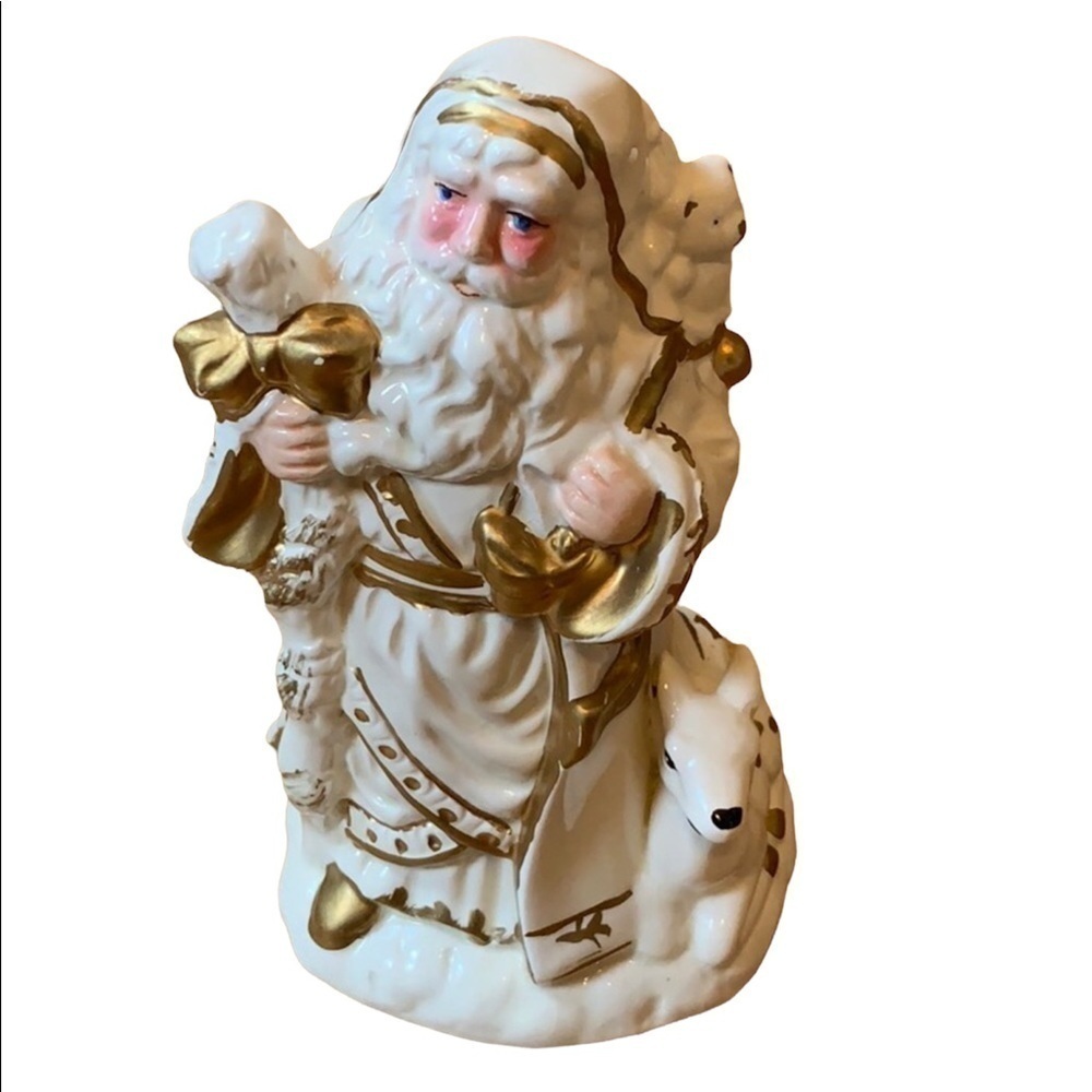 Vintage white and gold Ceramic Santa Claus musical figurine